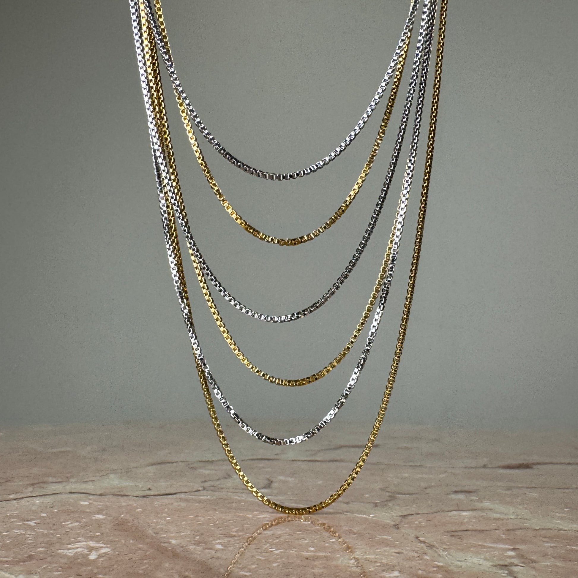 Three Strand Box Chain Necklaces in gold and silver