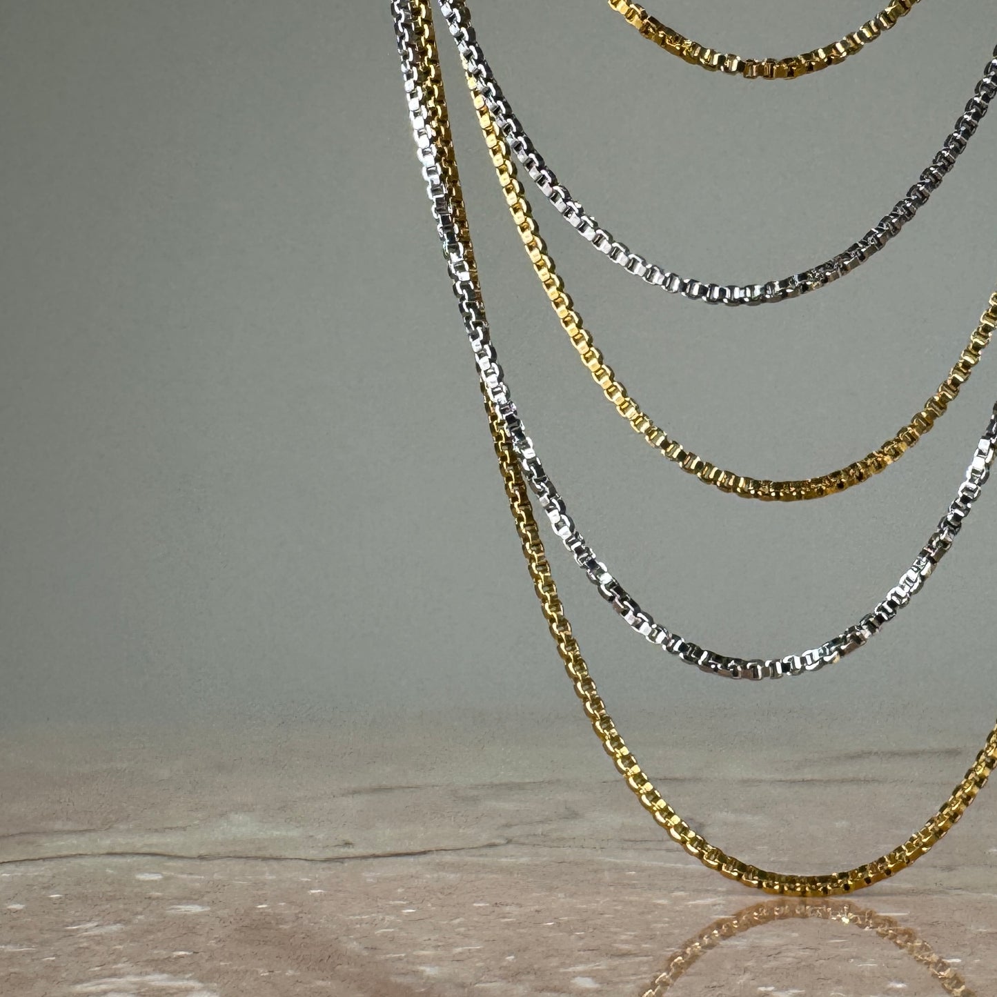 Three Strand Box Chain Necklaces in Silver and gold