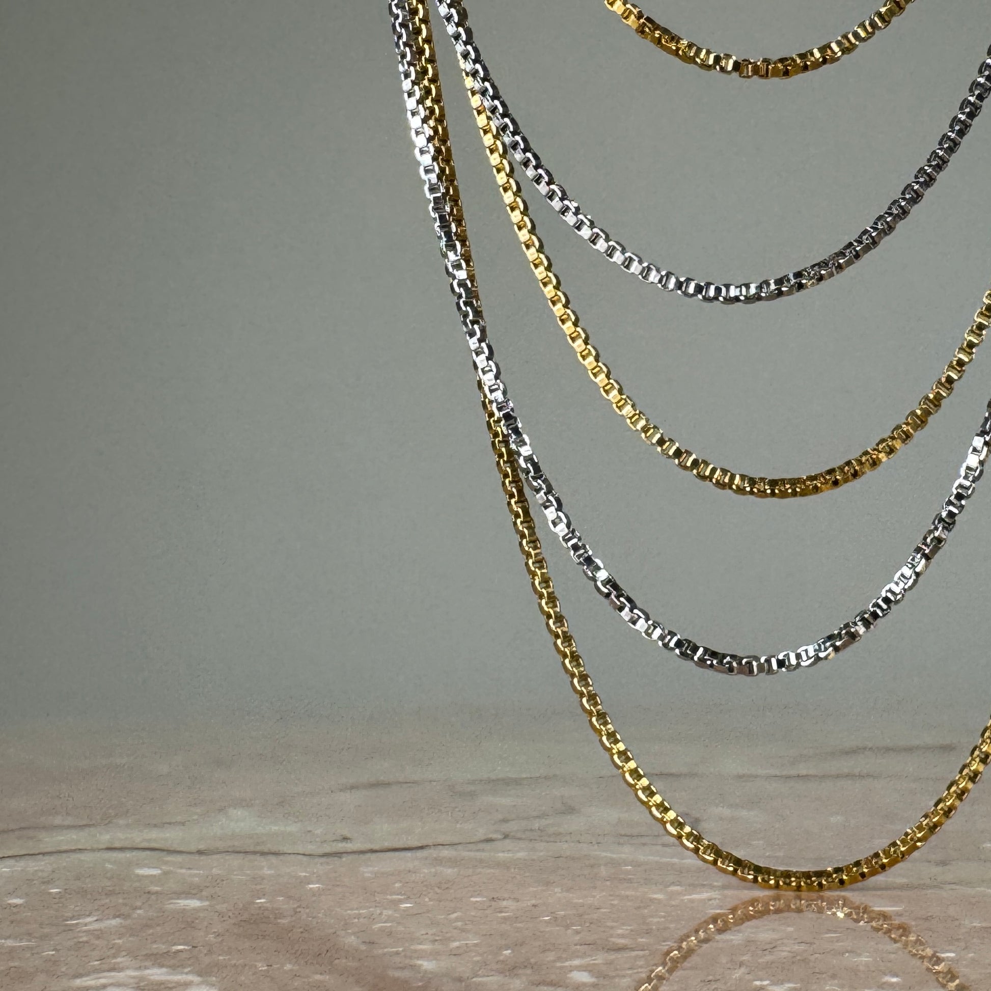 Three Strand Box Chain Necklaces in Silver and gold