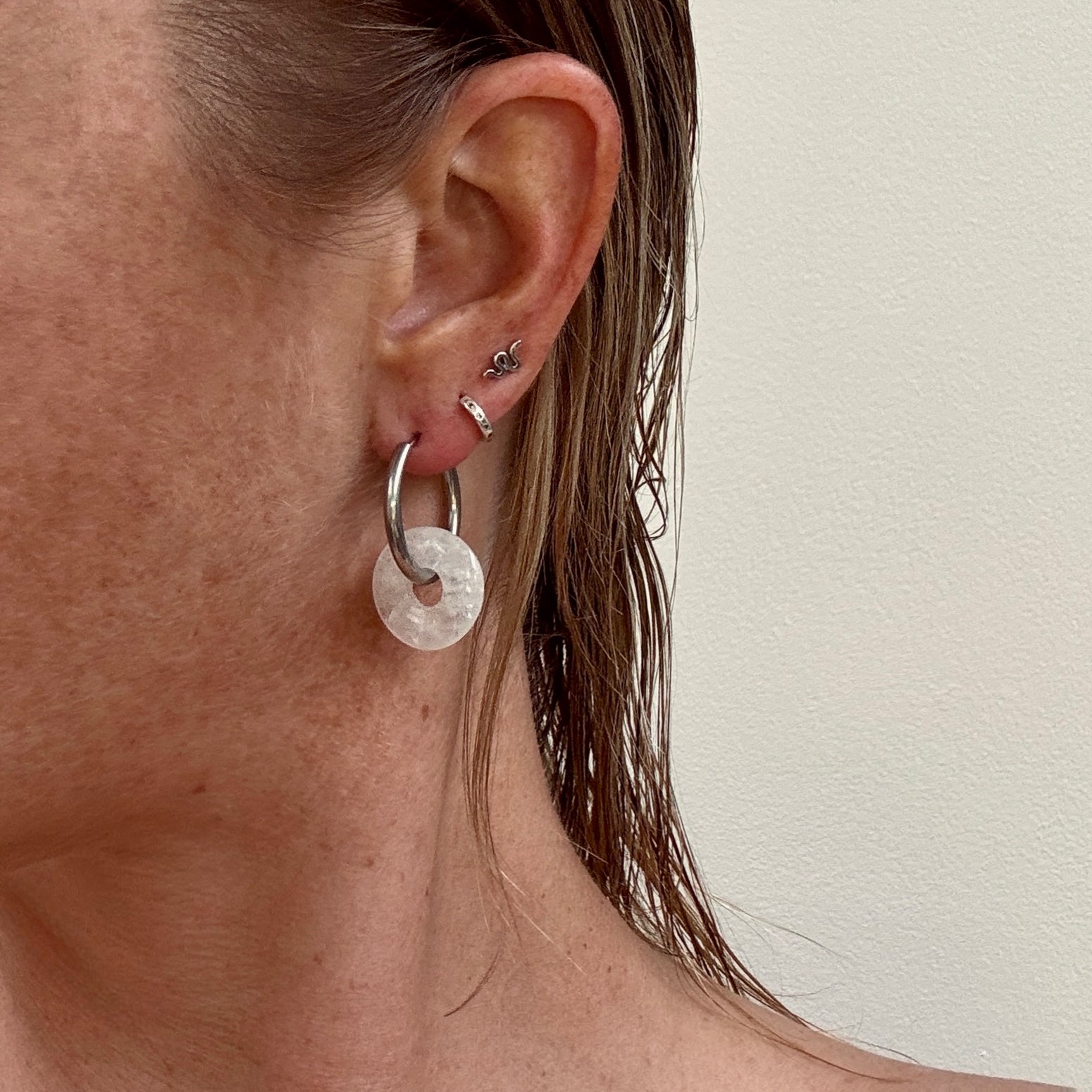 Large white quartz crystal silver slim hoop earrings from Jessica Rose jewellery 