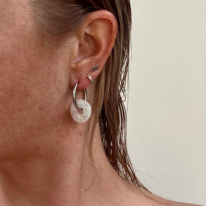 Large white quartz crystal silver slim hoop earrings from Jessica Rose jewellery 